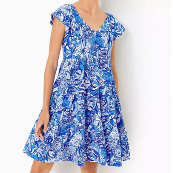 Lilly Pulitzer XL Kawai Flutter Sleeved Blue Tang Flocking Fabulous POCKETS - Picture 1 of 5